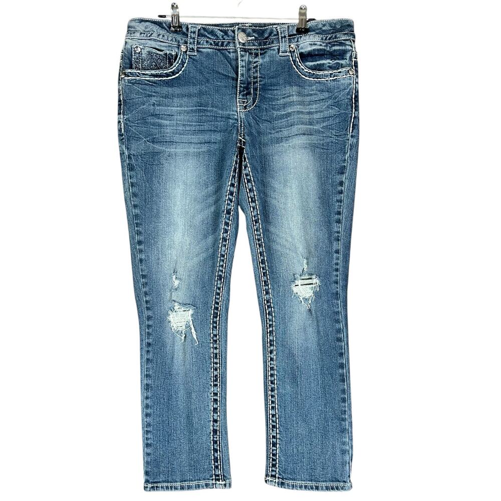 Paisley Sky Jeans Women Size 10 Blue Distressed Bling Pockets Medium Wash Denim
